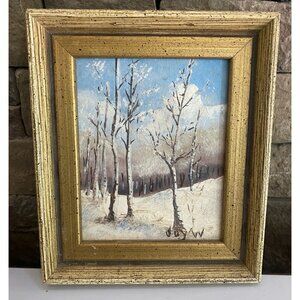 Vintage Small Snow Forest Sky Oil Painting Signed Nicely Framed 5.5” X 6.5” Read